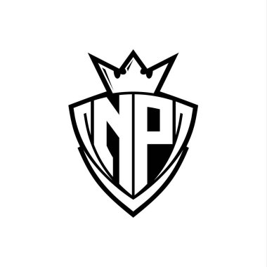 NP Kalın harf logosu, beyaz arkaplan şablonu üzerinde beyaz ana hatlı, keskin üçgen kalkan şekilli.