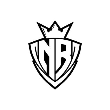 NR Kalın harf logosu. Keskin üçgen kalkan şeklinde. Beyaz arkaplan şablonu üzerinde beyaz ana hatlı taç.