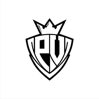 Beyaz arkaplan şablonu üzerinde beyaz ana hatlı taç ile keskin üçgen kalkan şekilli PV kalın harf logosu