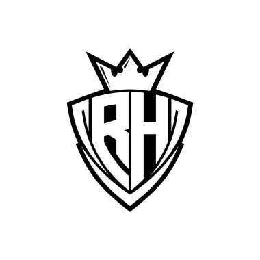 RH Bold letter logo with sharp triangle shield shape with crown inside white outline on white background template design clipart