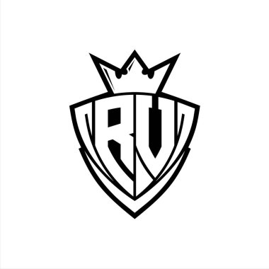 Beyaz arka plan şablonu üzerinde beyaz ana hatları ile taç ile keskin üçgen kalkan şekilli RV kalın harf logosu