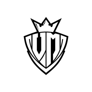 Beyaz arkaplan şablonu üzerinde beyaz ana hatlı taç ile keskin üçgen kalkan şekilli VM kalın harf logosu