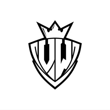 Beyaz arkaplan şablonu üzerinde beyaz ana hatlı taç ile keskin üçgen kalkan şekilli VW kalın harf logosu