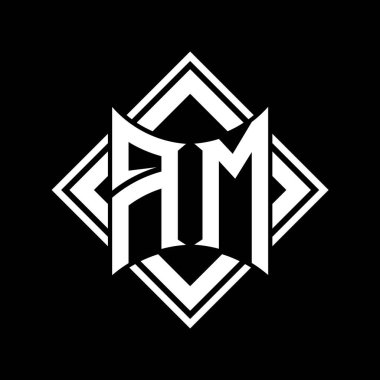 Siyah arkaplan şablonu tasarımı üzerine kare beyaz ana hatlı soyut kalkan şekilli AM Harfi logosu