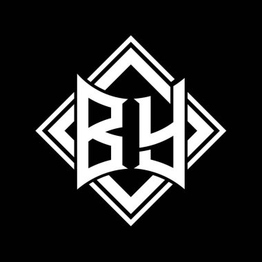 Siyah arkaplan şablon tasarımı üzerine kare beyaz ana hatlı soyut kalkan şekilli harf logosu