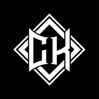 CK Harfi logosu, siyah arkaplan şablonu tasarımı üzerine kare beyaz ana hatlı soyut kalkan şekline sahip