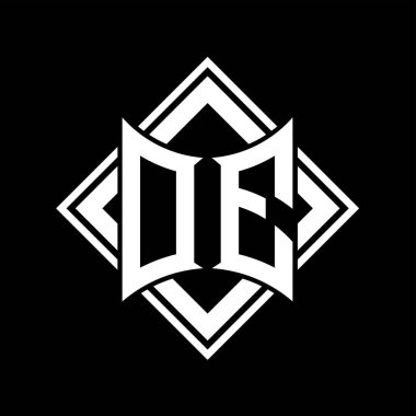 Siyah arkaplan şablonu tasarımı üzerine kare beyaz ana hatlı soyut kalkan şekilli DE Letter logosu