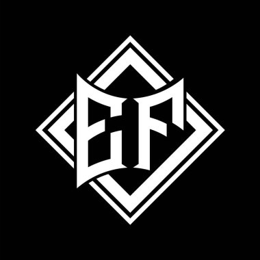 Siyah arkaplan şablon tasarımı üzerine kare beyaz ana hatlı soyut kalkan şekilli EF Harf logosu