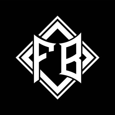 Siyah arkaplan şablon tasarımı üzerine kare beyaz ana hatlı soyut kalkan şekilli FB Harf logosu