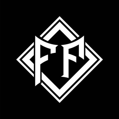 FF Harf logosu soyut kalkan şekli ile siyah arkaplan şablonu tasarımı üzerinde kare beyaz ana hatlı
