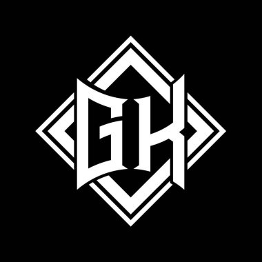 Siyah arkaplan şablon tasarımı üzerine kare beyaz ana hatlı soyut kalkan şekilli GK Harf logosu