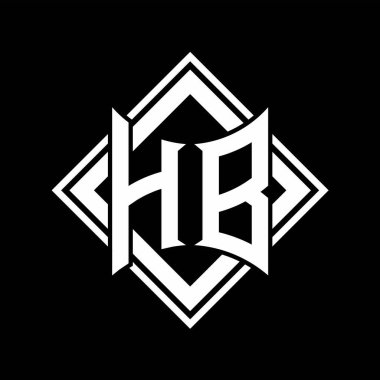Siyah arkaplan şablon tasarımı üzerine kare beyaz ana hatlı soyut kalkan şekilli HB Harf logosu