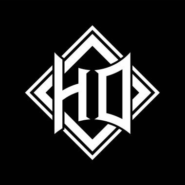 Siyah arkaplan şablonu tasarımı üzerine kare beyaz ana hatlı soyut kalkan şekilli HD Harf logosu