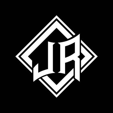 Siyah arkaplan şablonu tasarımı üzerine kare beyaz ana hatlı soyut kalkan şekilli JR Letter logosu