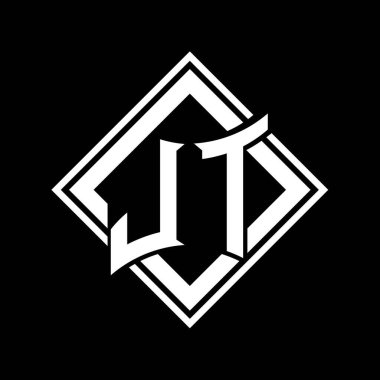 Siyah arkaplan şablonu tasarımı üzerine kare beyaz ana hatlı soyut kalkan şekilli JT Letter logosu