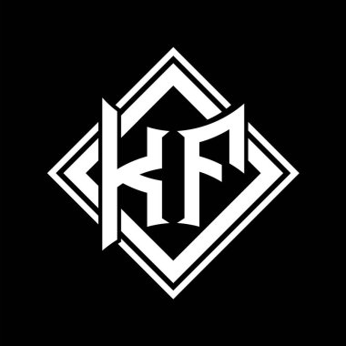 Siyah arkaplan şablonu tasarımı üzerine kare beyaz ana hatlı soyut kalkan şekilli KF Harfleri logosu