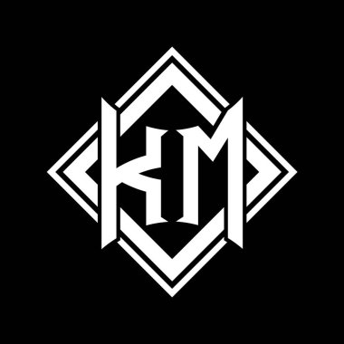 KM Harfi logosu, siyah arkaplan şablonu tasarımı üzerine kare beyaz ana hatlı soyut kalkan şekline sahip