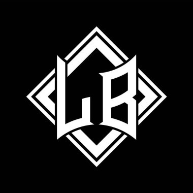LB Harf logosu, siyah arkaplan şablonu tasarımı üzerine kare beyaz ana hatlı soyut kalkan şekilli