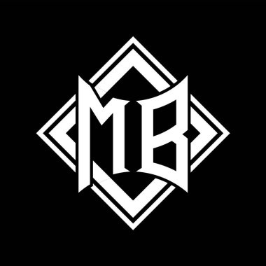 Siyah arkaplan şablonu tasarımı üzerine kare beyaz ana hatlı soyut kalkan şekilli MB Harf logosu