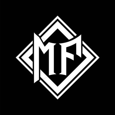 Siyah arkaplan şablon tasarımı üzerine kare beyaz ana hatlı soyut kalkan şekilli MF Letter logosu