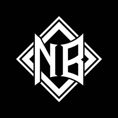 Siyah arkaplan şablon tasarımı üzerine kare beyaz ana hatlı soyut kalkan şekilli NB Harf logosu