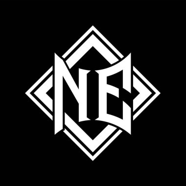 NE Harf logosu, siyah arkaplan şablonu üzerinde kare beyaz ana hatlı soyut kalkan şekilli