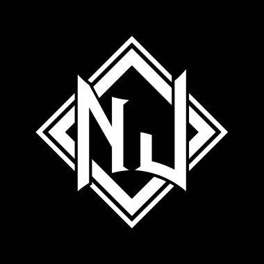 Siyah arkaplan şablonu tasarımı üzerine kare beyaz ana hatlı soyut kalkan şekilli NJ Harfi logosu