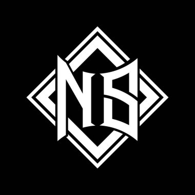 Siyah arkaplan şablonu tasarımı üzerine kare beyaz ana hatlı soyut kalkan şekilli NS Letter logosu