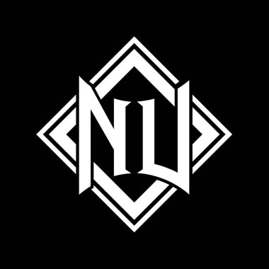 Siyah arkaplan şablonu tasarımı üzerine kare beyaz ana hatlı soyut kalkan şekilli NU Letter logosu