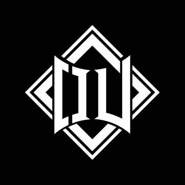 Siyah arkaplan şablon tasarımı üzerine kare beyaz ana hatlı soyut kalkan şekilli OU Harf logosu