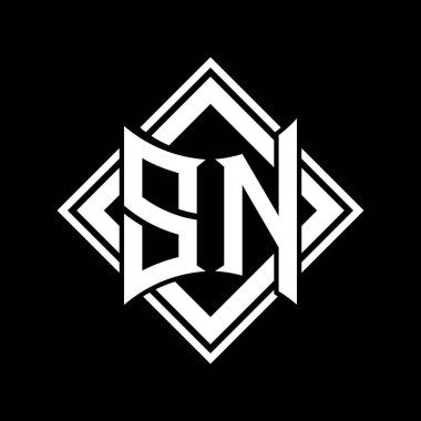 Siyah arkaplan şablon tasarımı üzerine kare beyaz ana hatlı soyut kalkan şekilli SN Harfleri logosu