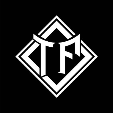 Siyah arkaplan şablon tasarımı üzerine kare beyaz ana hatlı soyut kalkan şekilli TF Harf logosu