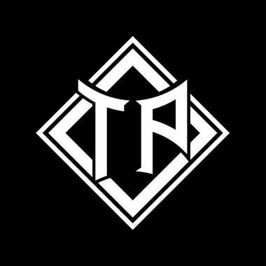 Siyah arkaplan şablon tasarımı üzerine kare beyaz ana hatlı soyut kalkan şekilli TP Harf logosu