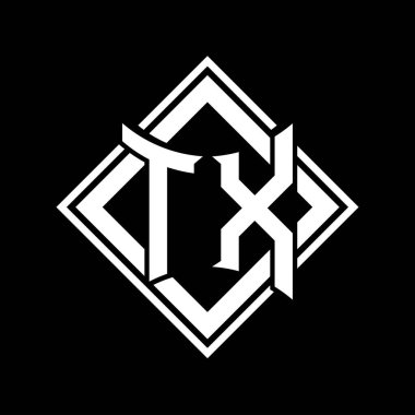 Siyah arkaplan şablon tasarımı üzerine kare beyaz ana hatlı soyut kalkan şekilli TX Harf logosu