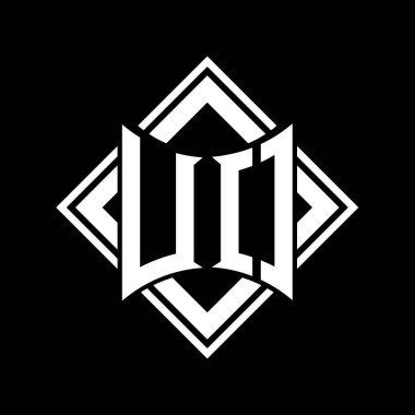 Siyah arkaplan şablon tasarımı üzerine kare beyaz ana hatlı soyut kalkan şekilli UO Harf logosu