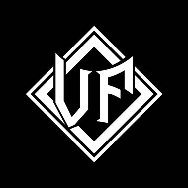 Siyah arkaplan şablon tasarımı üzerine kare beyaz ana hatlı soyut kalkan şekilli VF Harf logosu