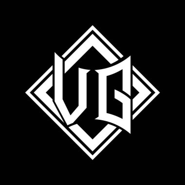 Siyah arkaplan şablon tasarımı üzerine kare beyaz ana hatlı soyut kalkan şekilli VG Harf logosu