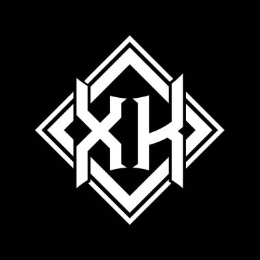 Siyah arkaplan şablonu tasarımı üzerine kare beyaz ana hatlı soyut kalkan şekilli XK Letter logosu