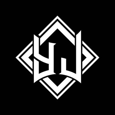Siyah arkaplan şablonu tasarımı üzerine kare beyaz ana hatlı soyut kalkan şekilli YJ Harfi logosu
