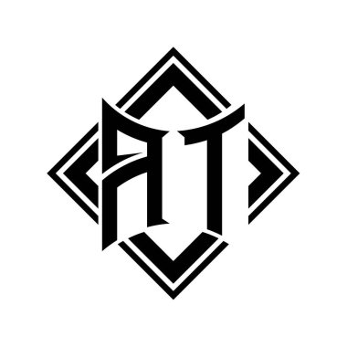 Beyaz arkaplan şablonu üzerinde kare siyah ana hatlı soyut kalkan şekilli AT Harfi logosu