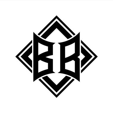 Beyaz arkaplan şablonu üzerinde kare siyah ana hatlı soyut kalkan şekilli BB Harf logosu