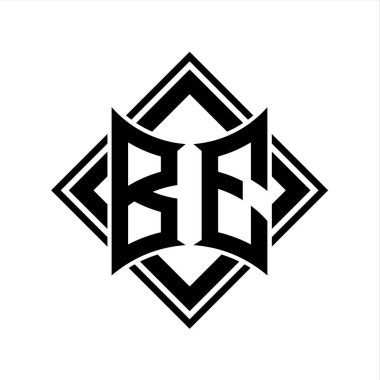Soyut kalkan şekilli BE Harfi logosu beyaz arkaplan şablonu üzerinde kare siyah ana hatlı
