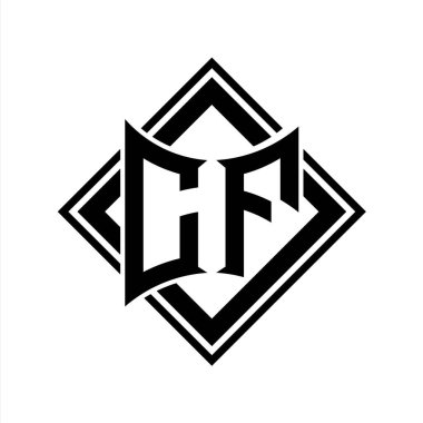Beyaz arkaplan şablonu üzerinde kare siyah ana hatlı soyut kalkan şekilli CF Harf logosu