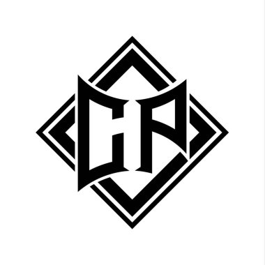 Beyaz arkaplan şablonu üzerinde kare siyah ana hatlı soyut kalkan şekilli CP Harf logosu