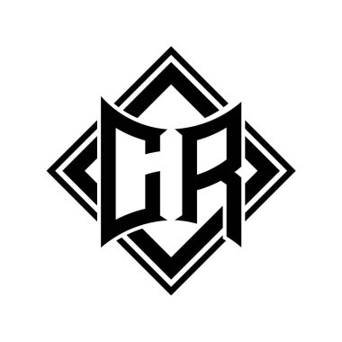 Beyaz arkaplan şablonu üzerinde kare siyah ana hatlı soyut kalkan şekilli CR Letter logosu