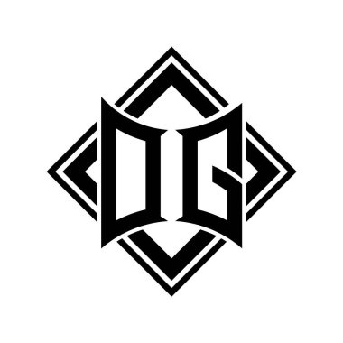 Beyaz arkaplan şablonu üzerinde kare siyah ana hatlı soyut kalkan şekilli DG Harf logosu