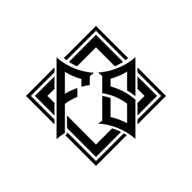 Beyaz arkaplan şablonu üzerinde kare siyah ana hatlı soyut kalkan şekilli FS Letter logosu