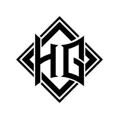 Beyaz arkaplan şablonu üzerinde kare siyah ana hatlı soyut kalkan şekilli HG Harf logosu