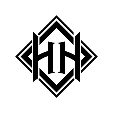 Beyaz arkaplan şablonu üzerinde kare siyah ana hatlı soyut kalkan şekilli HH Harf logosu