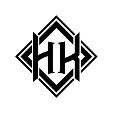 Beyaz arkaplan şablonu üzerinde kare siyah ana hatlı soyut kalkan şekilli HK Letter logosu
